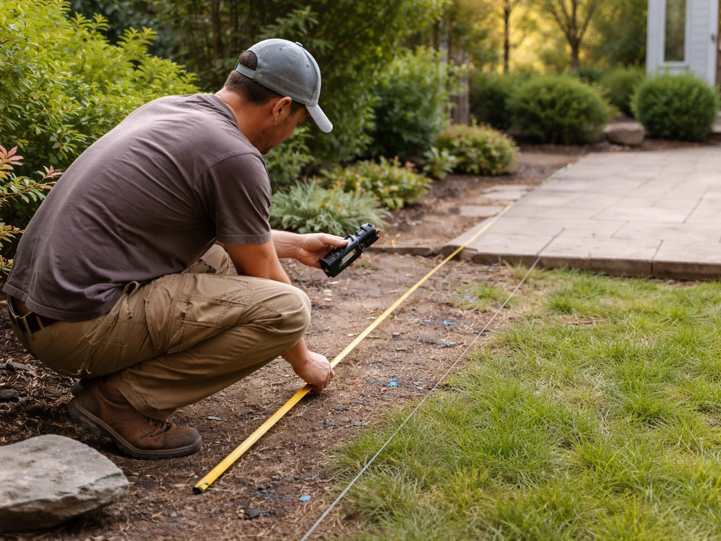 Contractor measures a yard patio layout with a laser level and tape measure near landscaping strings.