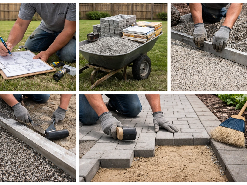 Collage of patio project steps: consultation planning, materials staged, base prep, paver laying, and final sweep.
