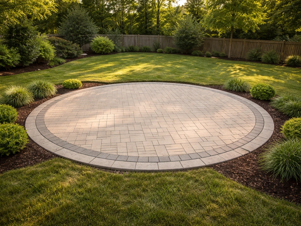 Wide backyard with a finished circular patio, curved paver edge, and landscaped yard integration in natural light.