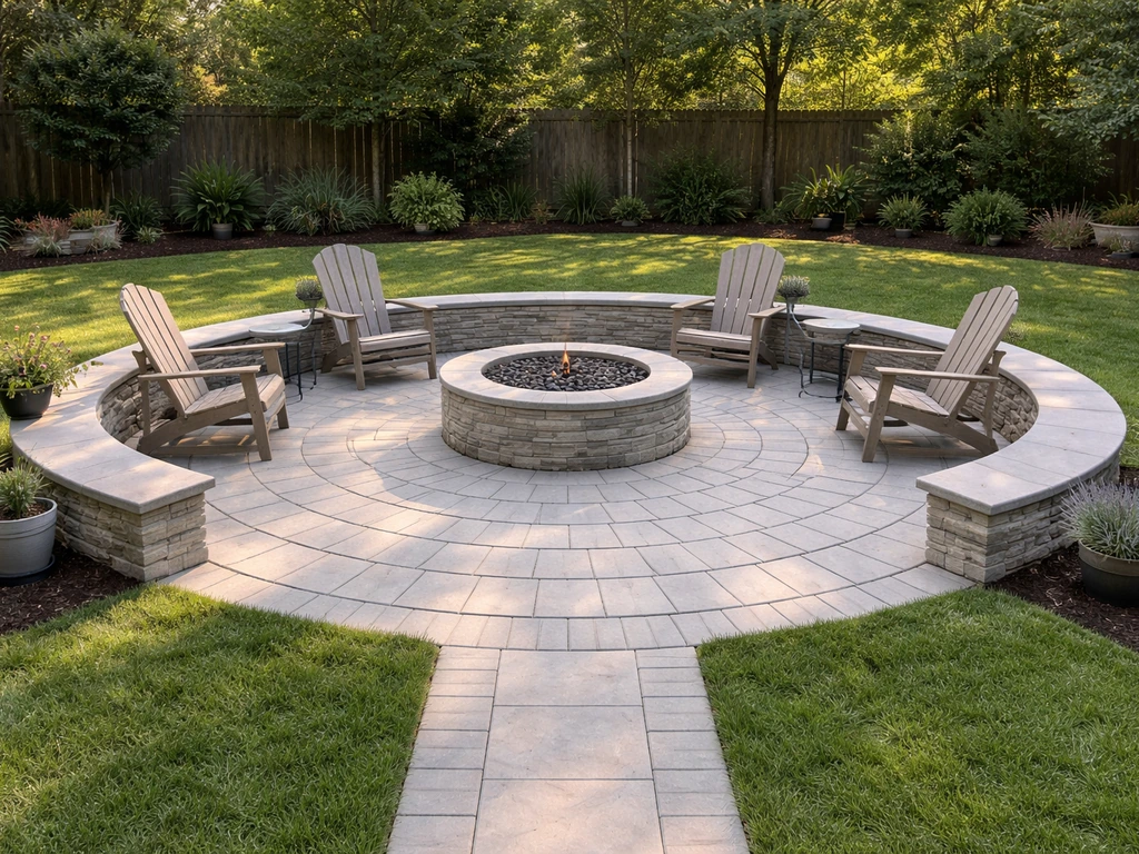 Circular patio with a clear center focal point and seating arranged evenly around it