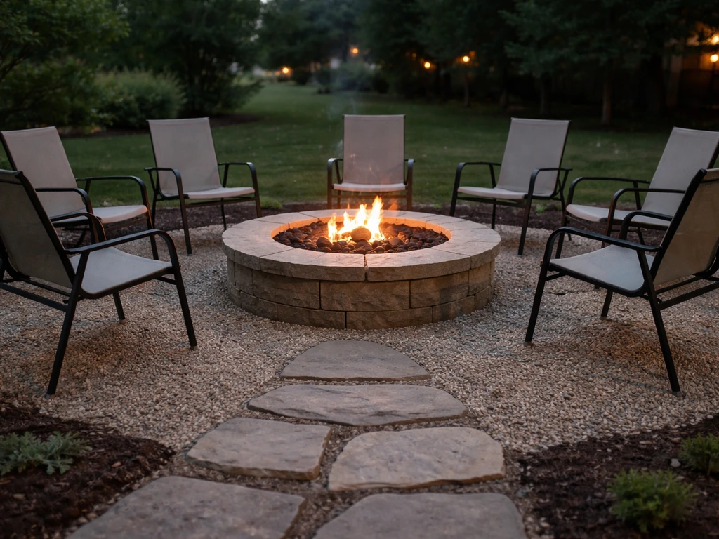 Outdoor patio at dusk with a central firepit and a circular seating ring of chairs