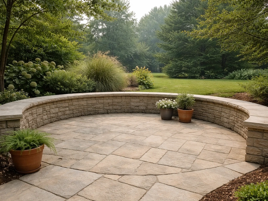 Low curved masonry wall on a patio forming the outer ring of a seating circle.