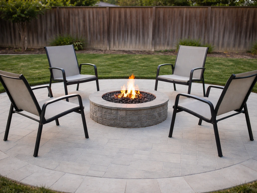 Minimal backyard patio scene with firepit, chairs spaced for comfort and clear viewing of circular layout proportions.