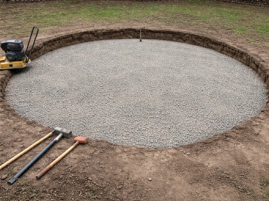 Graded circular excavation with compacted gravel base for paver patio drainage and edging preparation