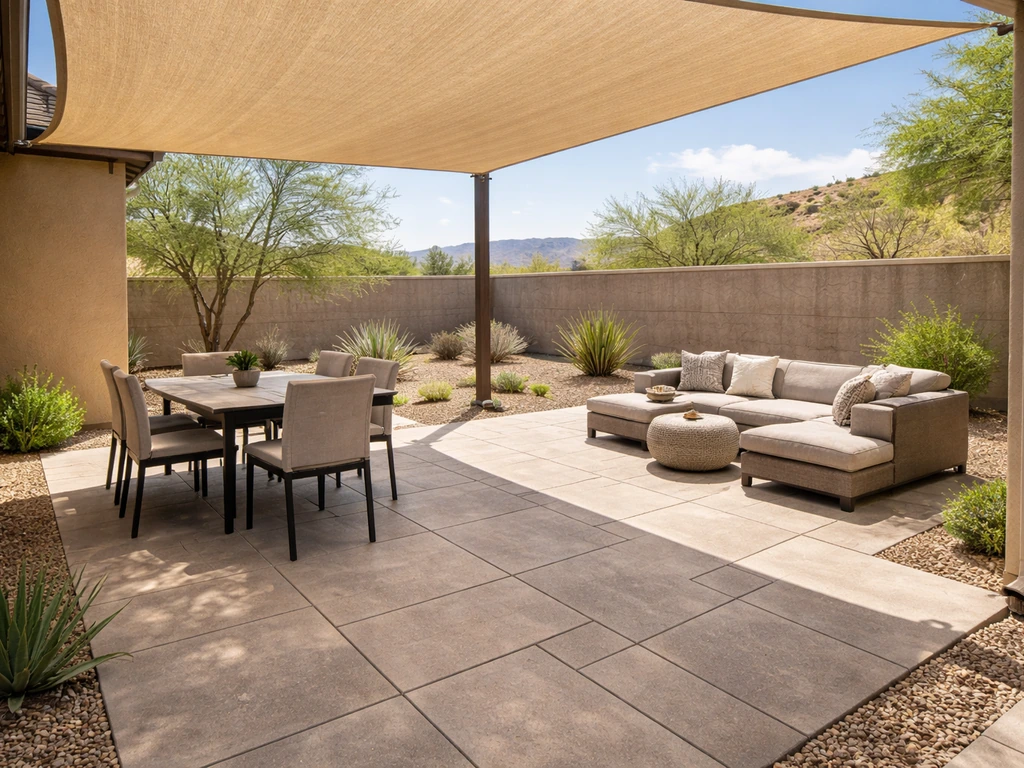 Desert-contemporary Tucson backyard patio with dining and lounge zones under a shade structure