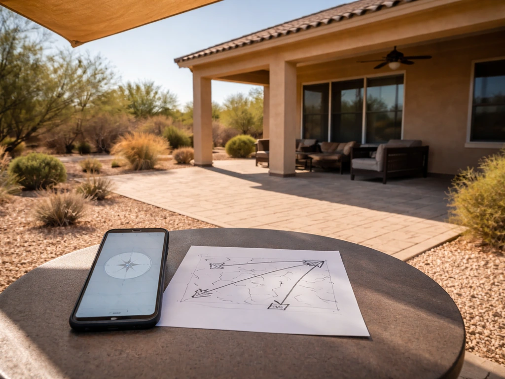 Empty Tucson patio with smartphone and sketch showing sun-direction planning, no text, strong directional shadows.