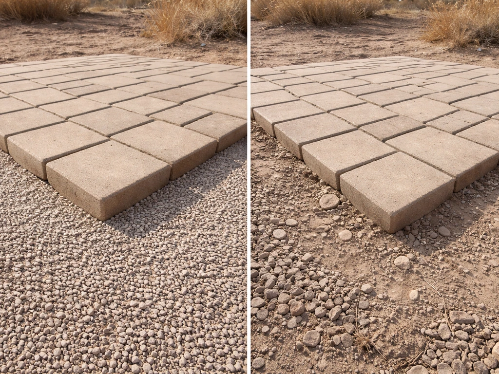 Two side-by-side patio base examples in a desert: compact gravel under pavers vs. loose uneven base.
