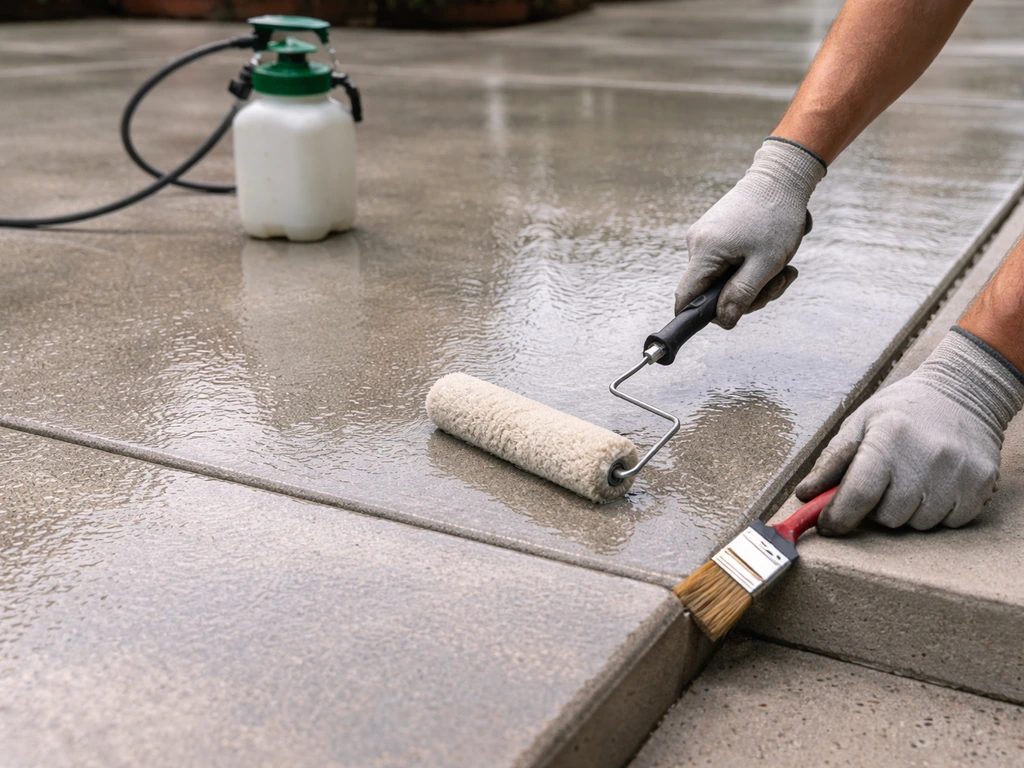 Gloved hands rolling and brushing concrete sealer on a freshly cured patio surface, wet sheen visible.