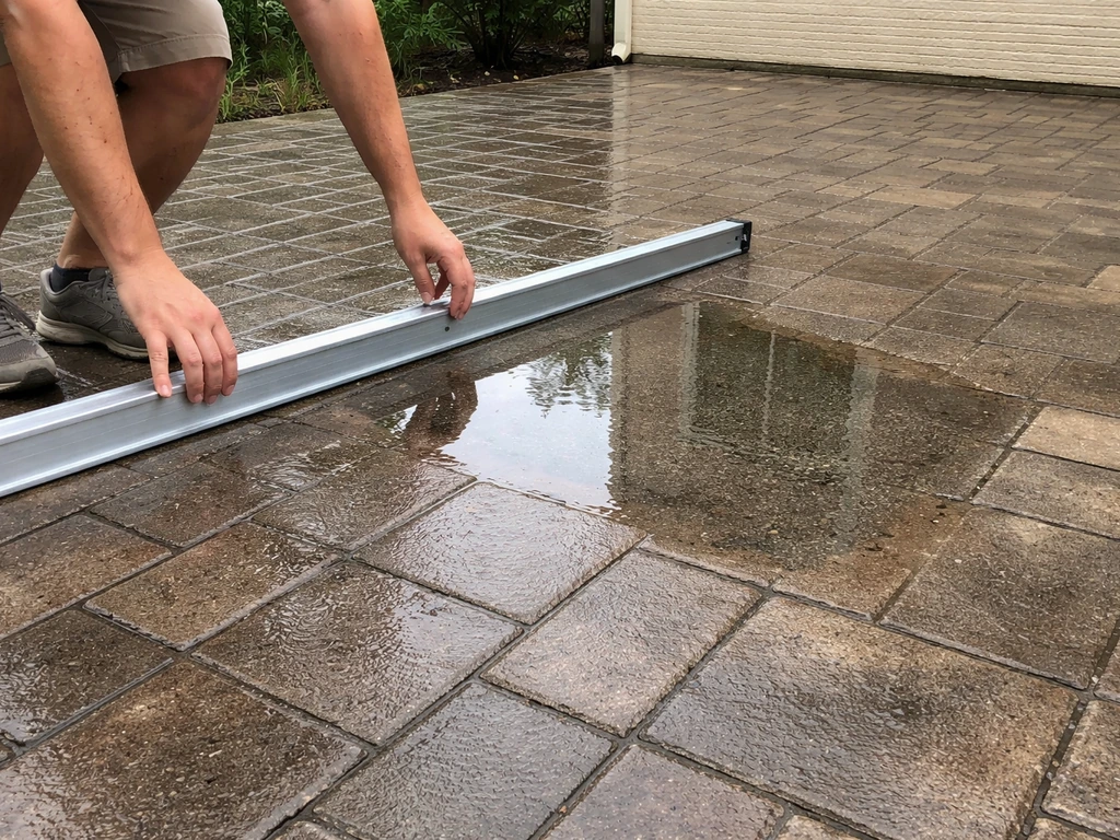 Hands holding a level on a wet patio showing water pooling and slope away from the house