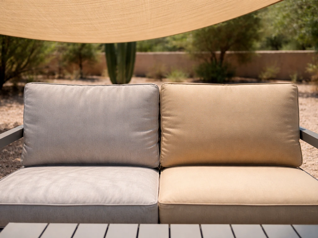UV-faded outdoor cushion next to a newer cushion under a protective cover or shade in bright Tucson sun.
