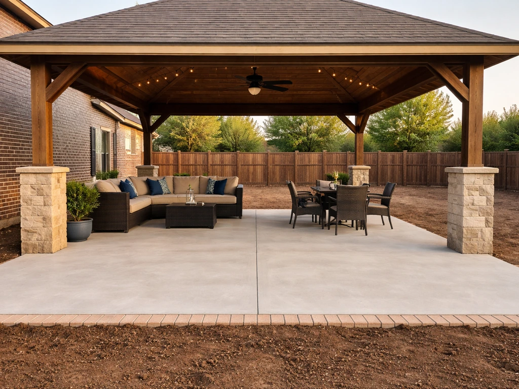 Finished backyard patio with covered seating, clean edging, smooth surface, and clay-soil yard context.