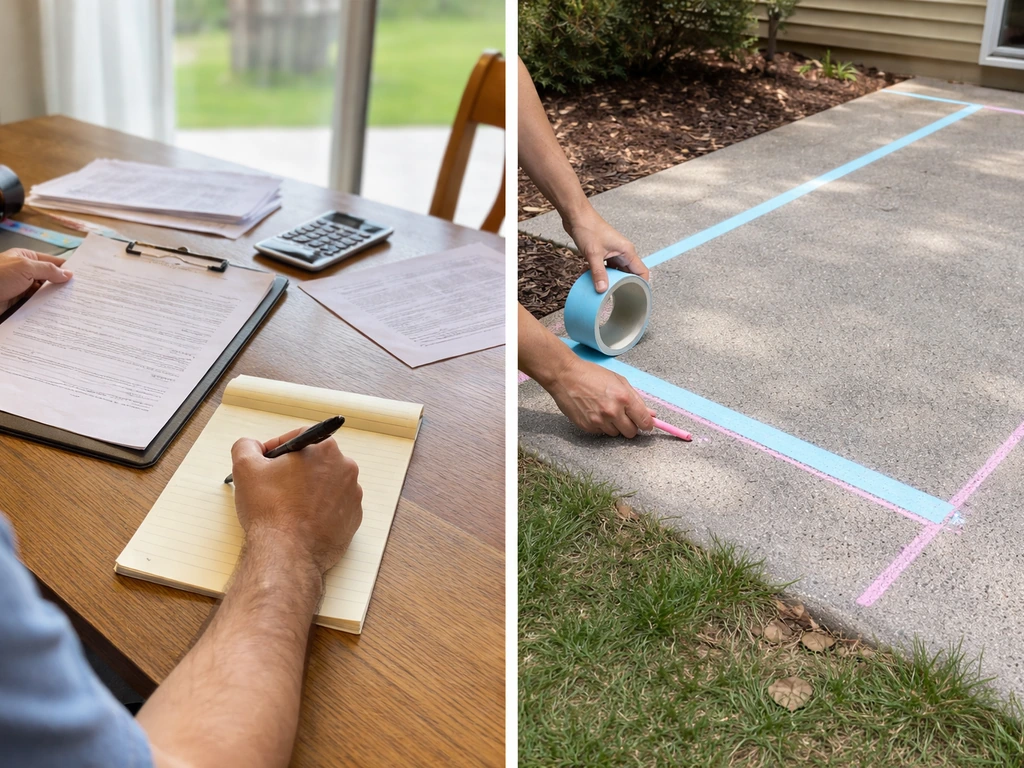 Anonymous hands review a patio bid while chalk marks outline a proposed patio footprint on concrete.