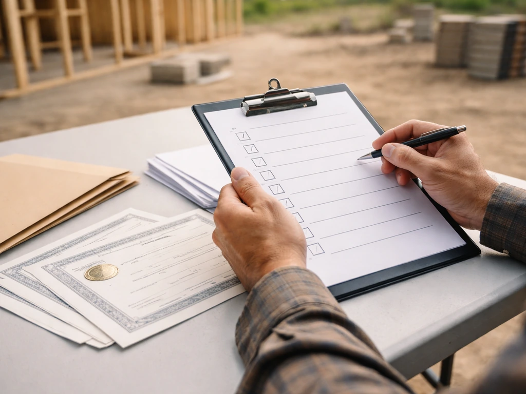 Anonymous hands reviewing blank contractor documents on a table with a construction site in the background.