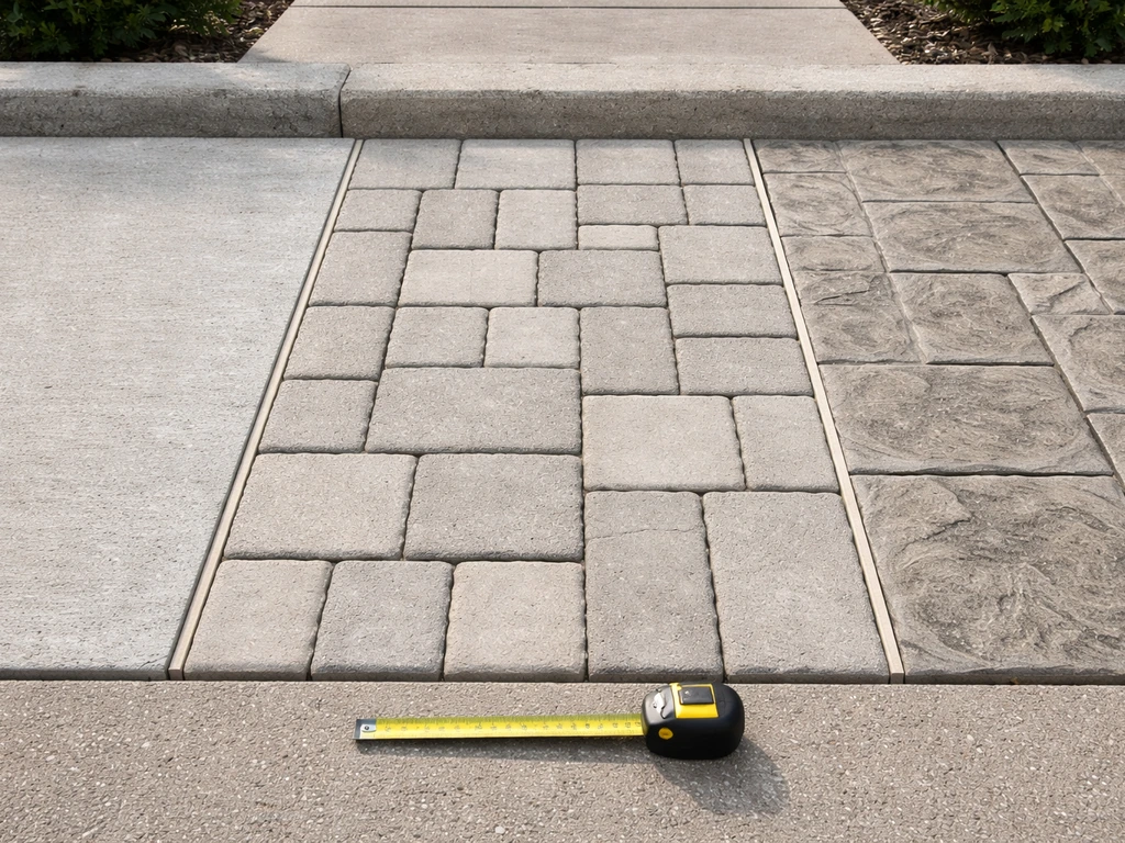 Side-by-side view of plain concrete slab, concrete pavers, and stamped concrete with visible textures and edges.