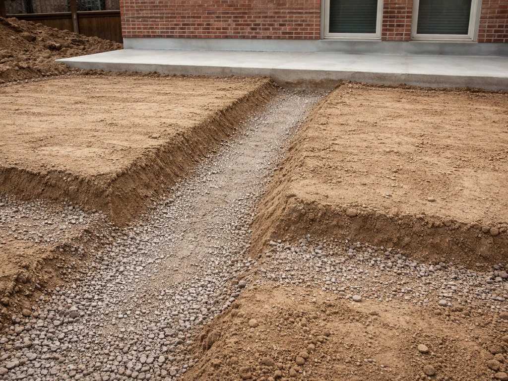 Excavated patio subgrade with compacted base layers and a sloped drainage channel away from the foundation.