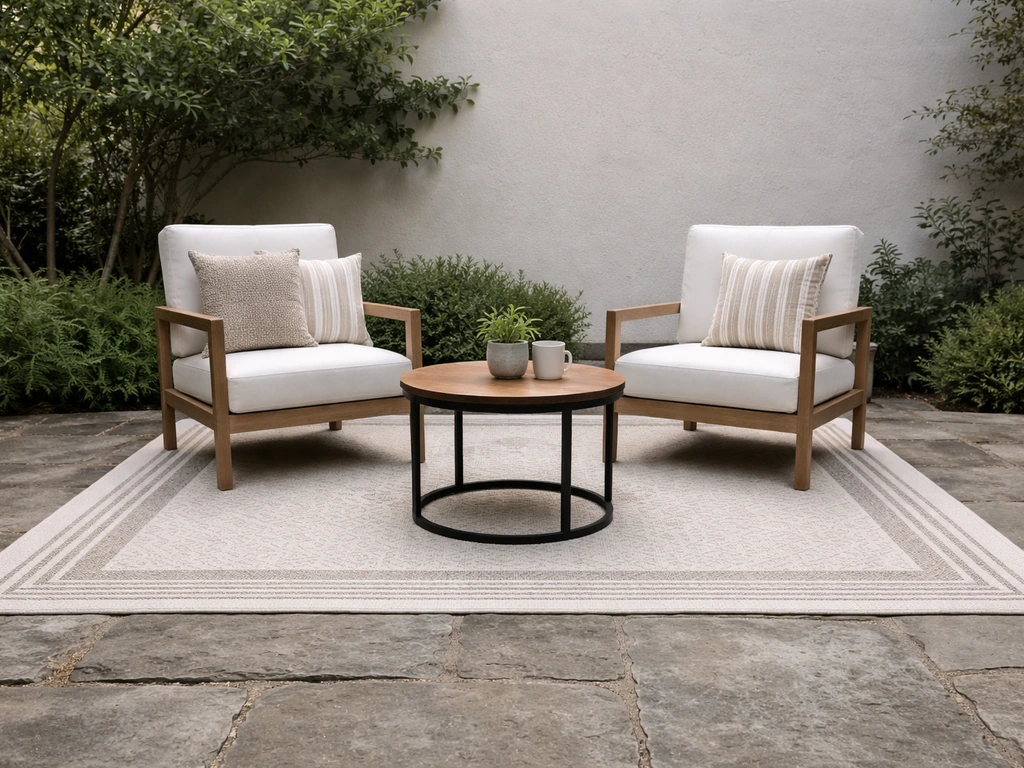 Outdoor patio seating area anchored by a correctly sized rug with the border framing the furniture
