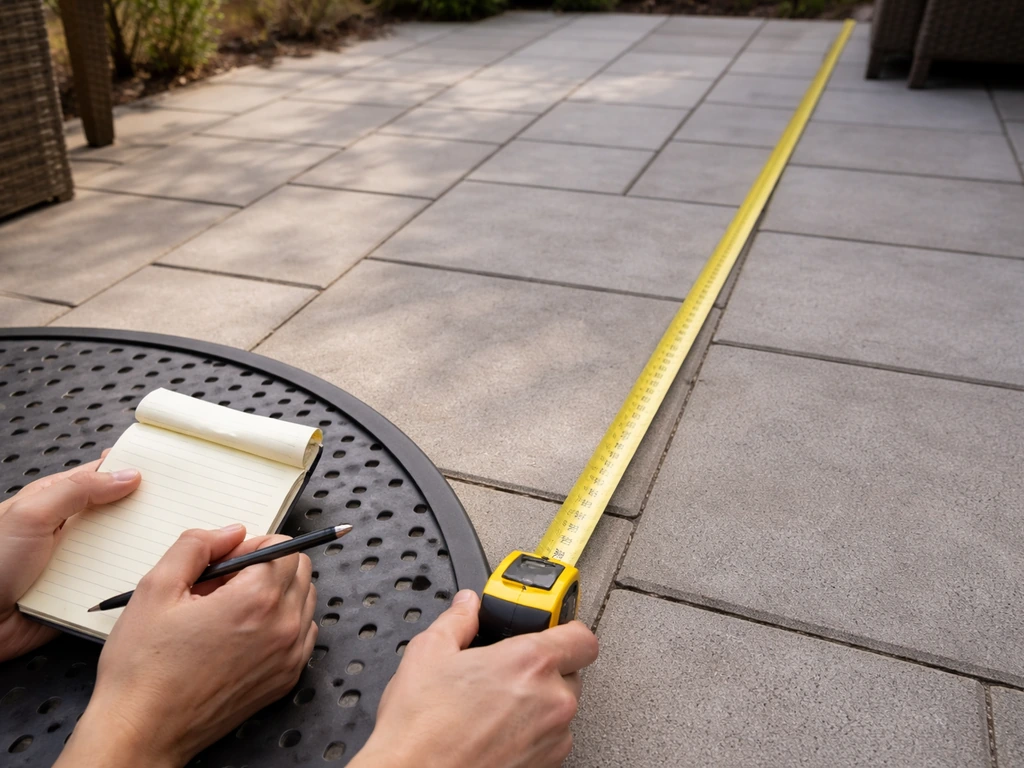 Hands using a tape measure on a patio edge while jotting measurements on blank paper.