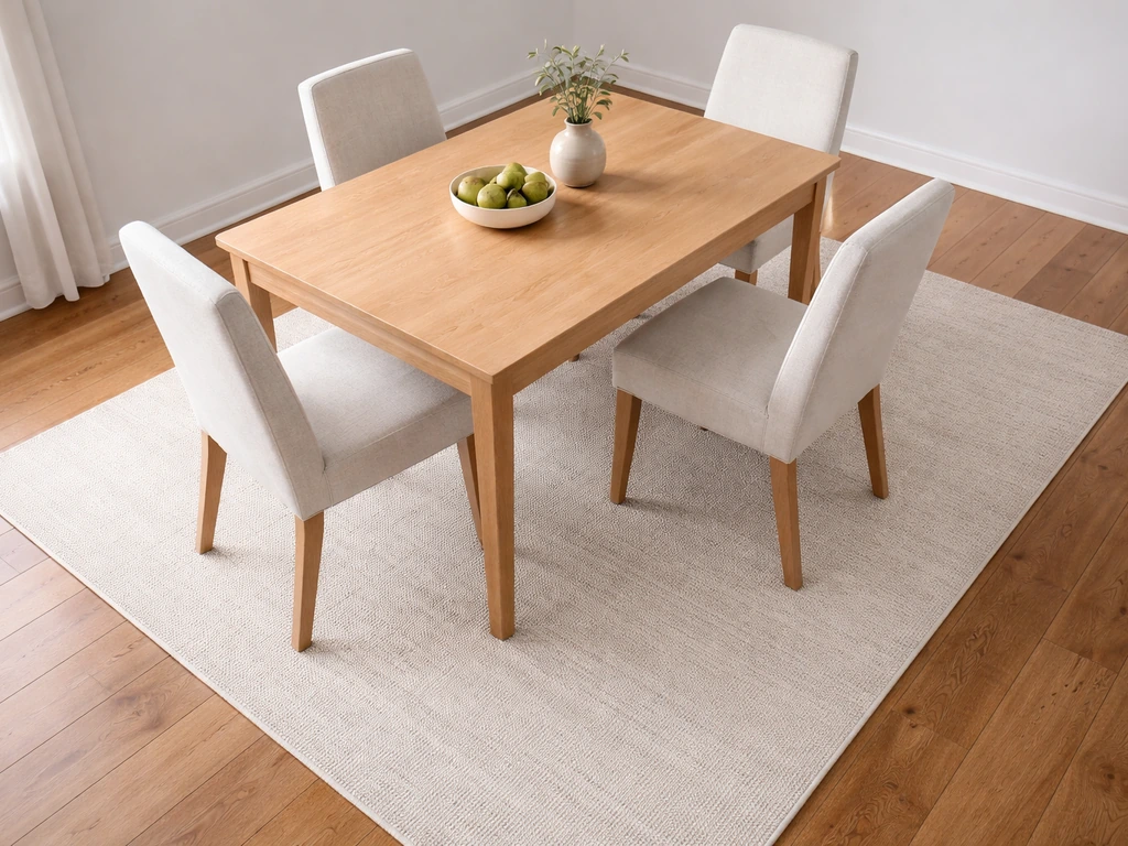 Dining chairs pulled out with all chair legs resting on the rug, viewed from above