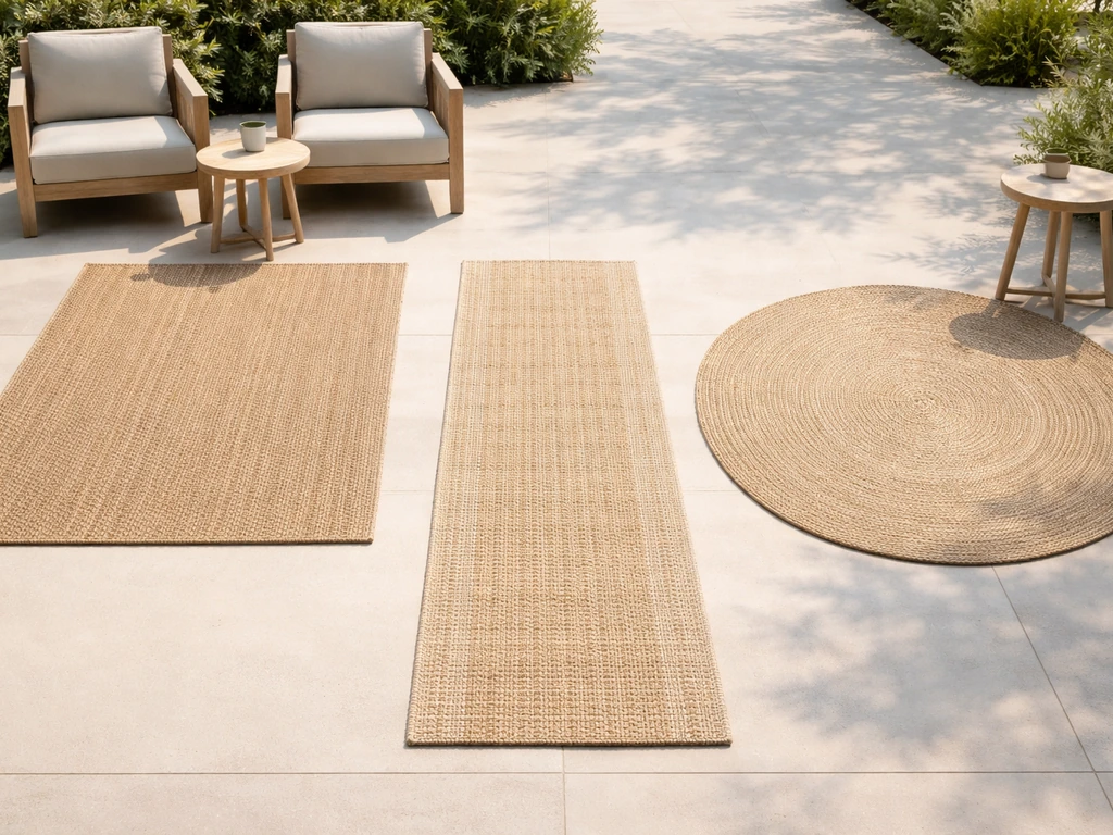 Outdoor patio with three rugs—rectangle, runner, and round—side-by-side showing different sizing and spacing.