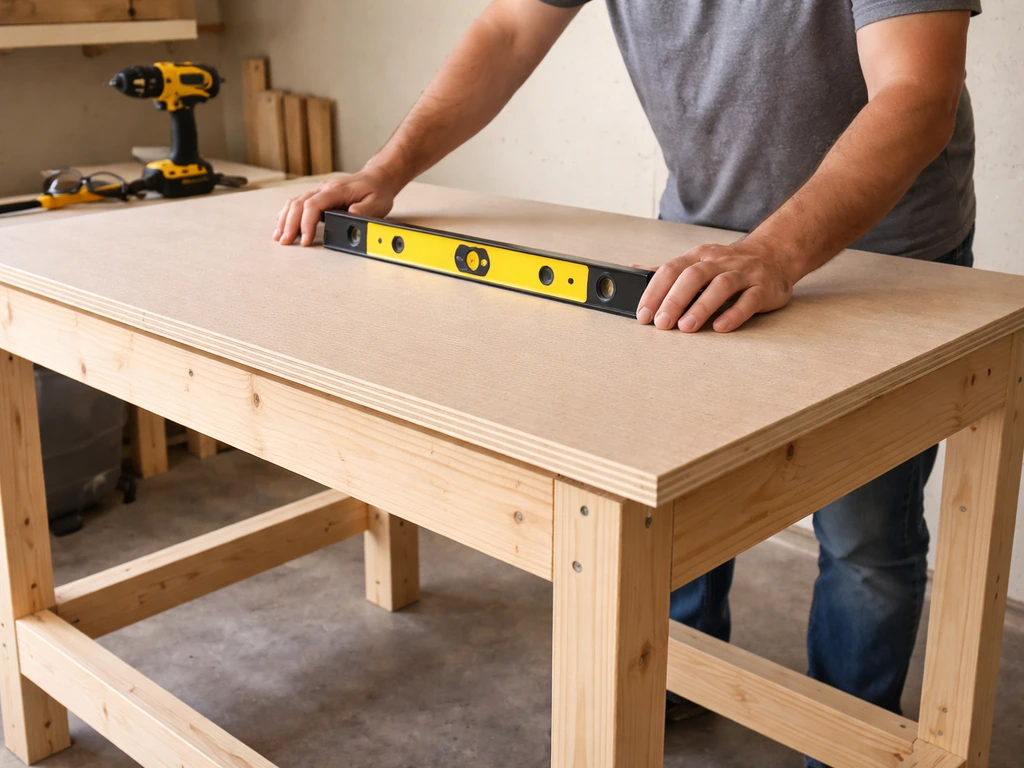 Hand leveling a rigid tabletop frame with a spirit level, with a solid substrate board being positioned.