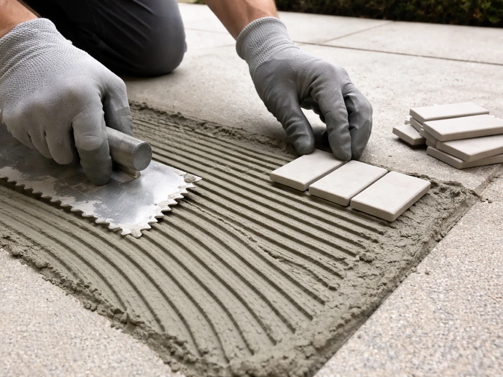 Gloved hands spread polymer-modified thinset with a notched trowel while setting tile pieces on a patio.