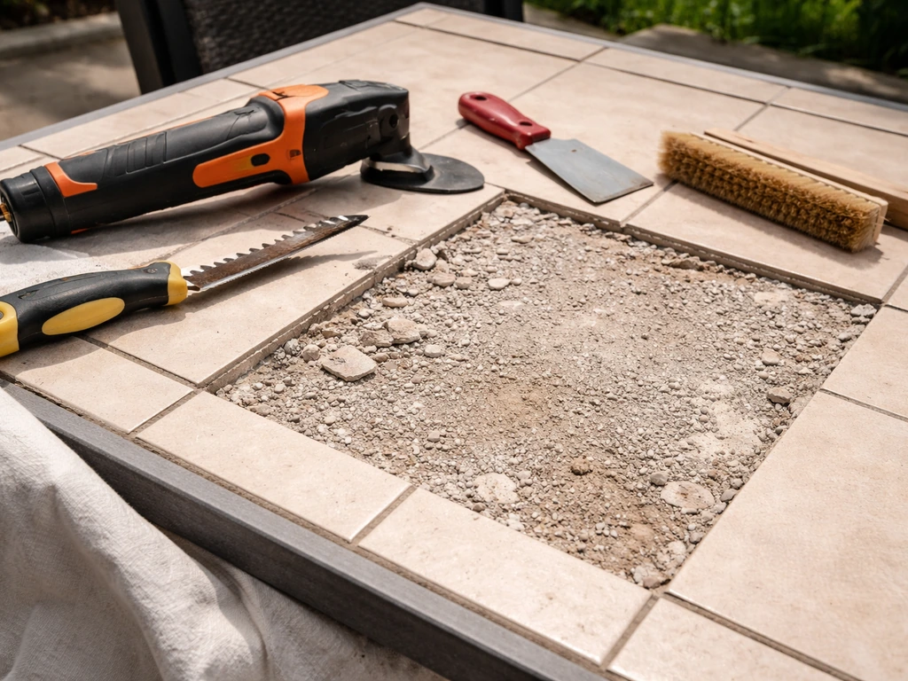 Close-up of a patio table top with cracked tile removed, exposing substrate and showing repair tools