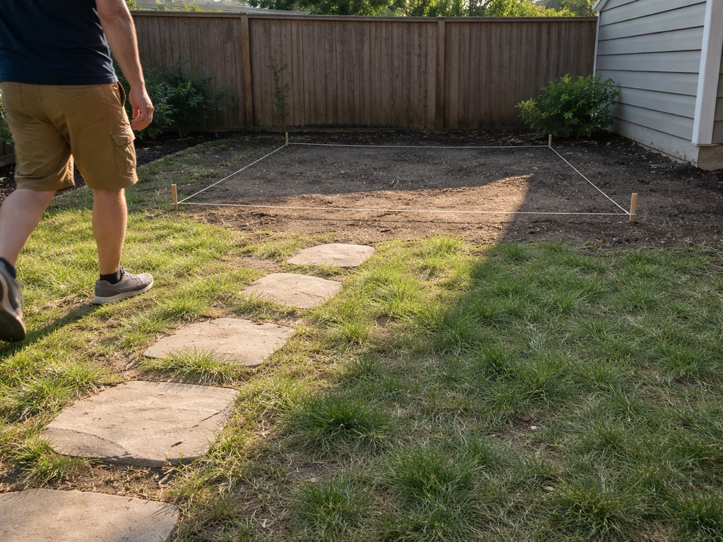Person walking a small backyard path near marked patio area, showing sun and shade on the ground.