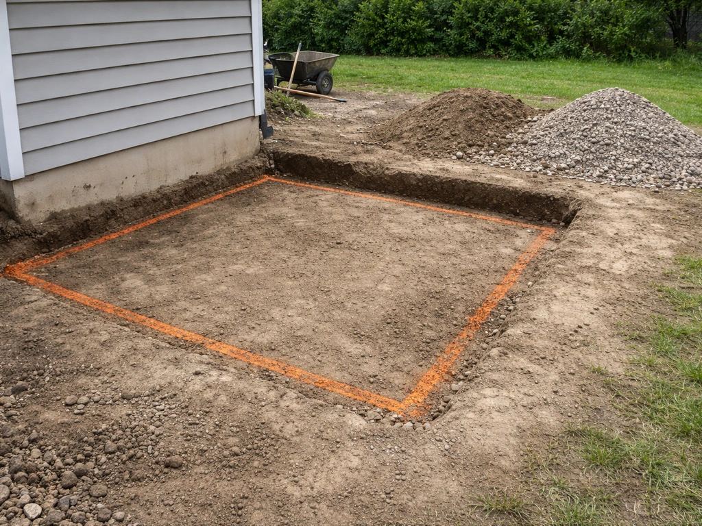 DIY excavating and grading for a paver patio with spray-painted outline, removed soil, and slope away from the house.