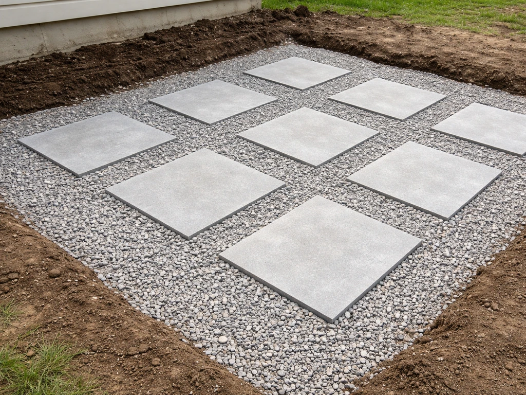 Minimal view of a gravel patio build: landscape fabric, compacted base, gravel bed, and square stepping stones grid.