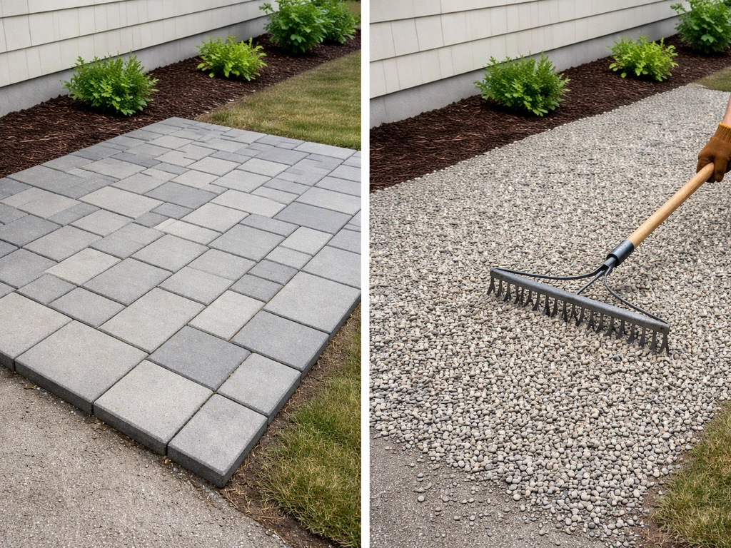 Side-by-side view of re-leveled pavers vs raked and top-dressed gravel for proper patio drainage.