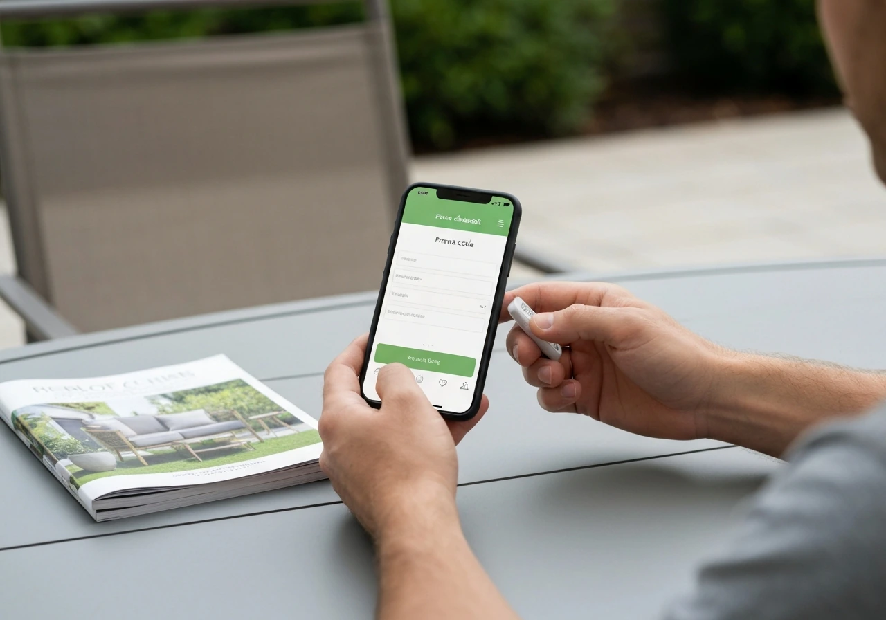 Person using a smartphone to enter a patio discount code while sitting at an outdoor patio table