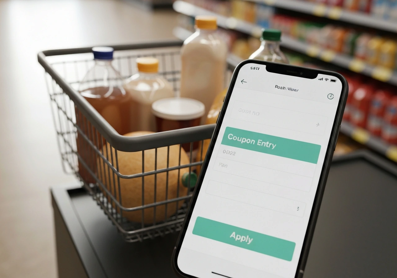 Phone showing a promo code apply screen next to a few items in a shopping cart