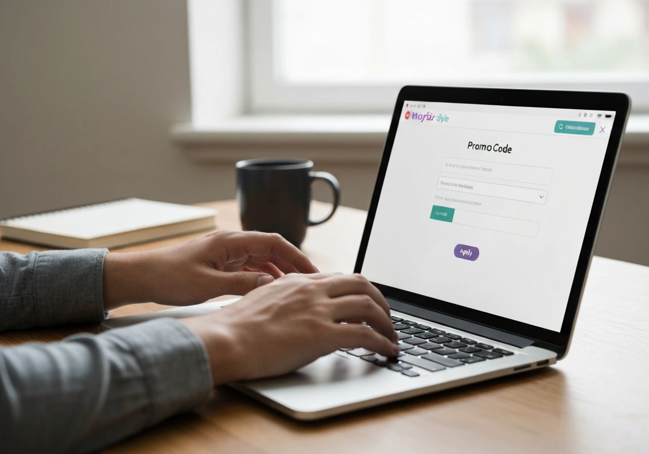 Hands typing on a laptop with a checkout promo code box on the right side of the screen.