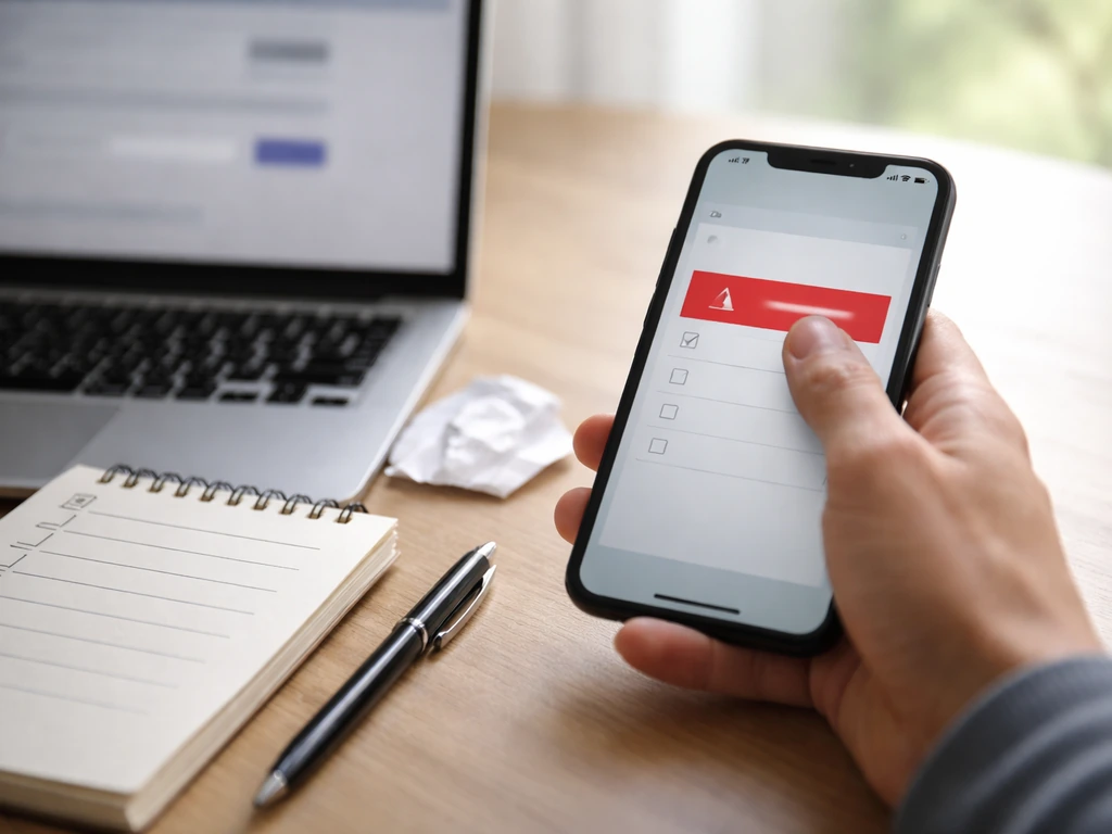 Hand troubleshooting a failed promo code on a phone beside a blank checklist notepad.