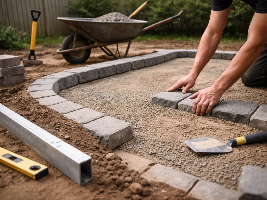Worker-led paver patio construction scene with base tools and graded ground, suggesting hiring patio pros.
