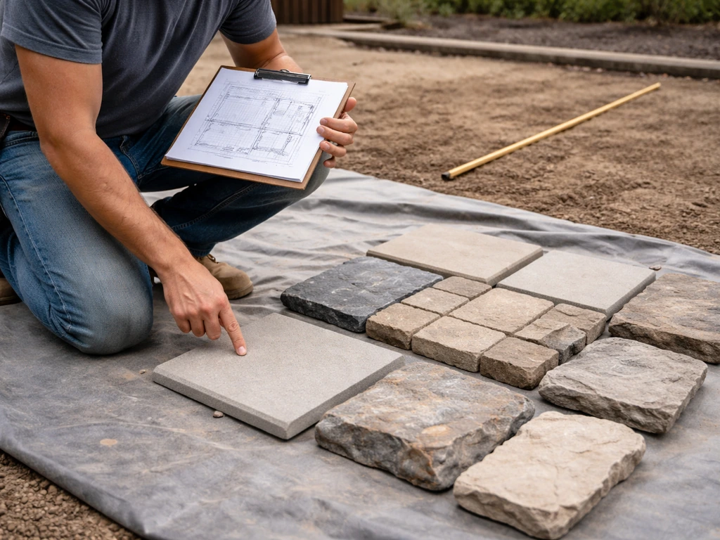 Contractor kneeling outdoors reviewing patio materials and a simple layout plan on a clipboard