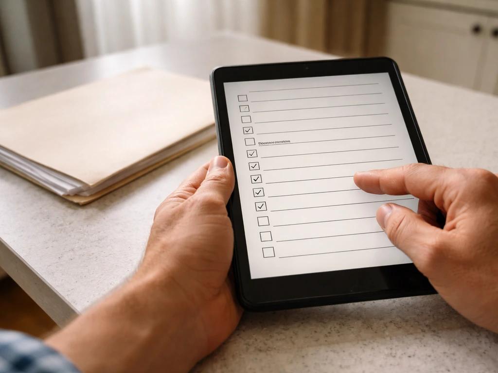 Homeowner reviewing a contractor documentation checklist on a tablet, focusing on license and insurance details.