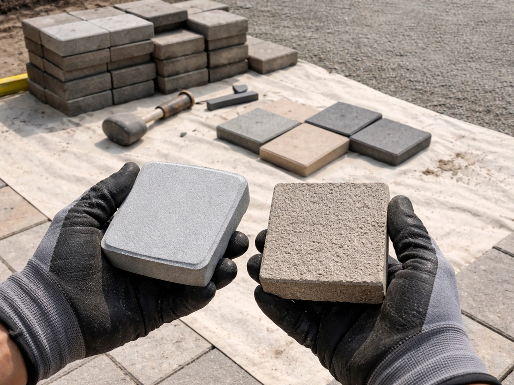 Hands comparing patio paver samples and finishes on an outdoor worksite
