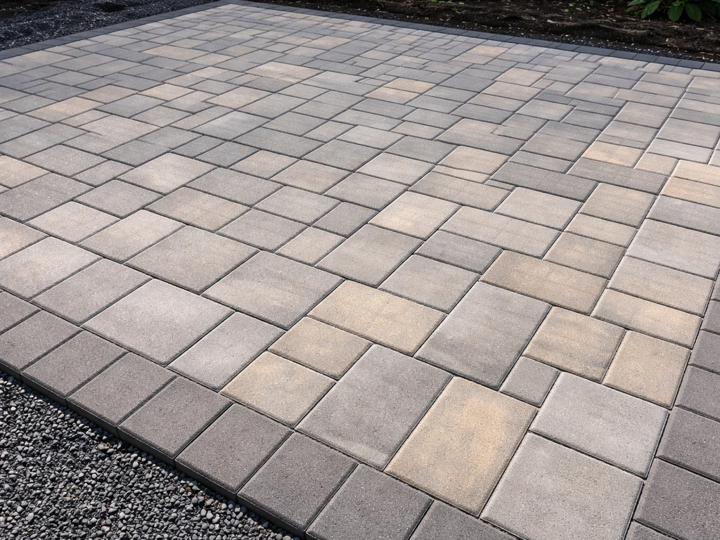 Completed paver patio with straight joint lines, polymeric sand, and neat clean edging