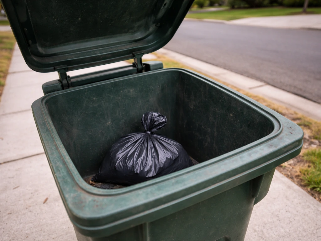 Outdoor curbside trash bin with a sealed dog-waste bag inside, showing proper disposal.