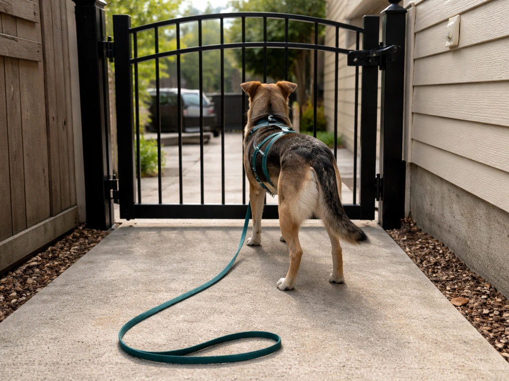 Leashed dog waiting at a latched patio gate with a visible outdoor leash, clear boundary in view.