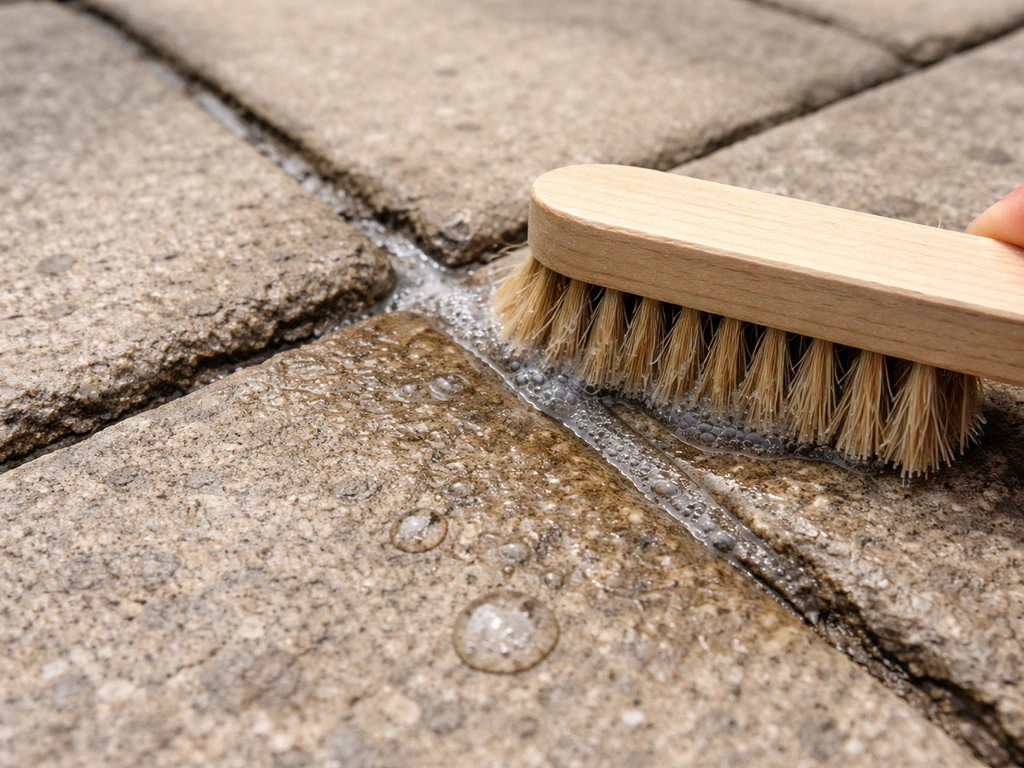 Closeup of porous patio pavers and grout being scrubbed with an enzymatic cleaner