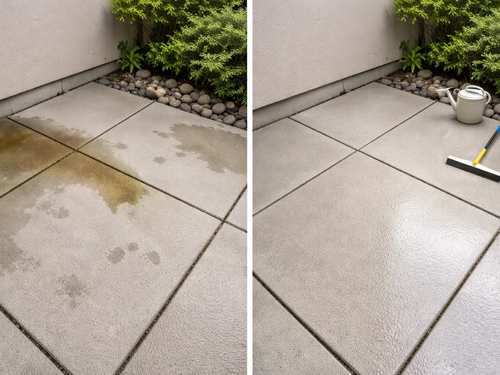 Left shows urine-stained patio pavers; right shows freshly sealed, evenly cleaned concrete surface.