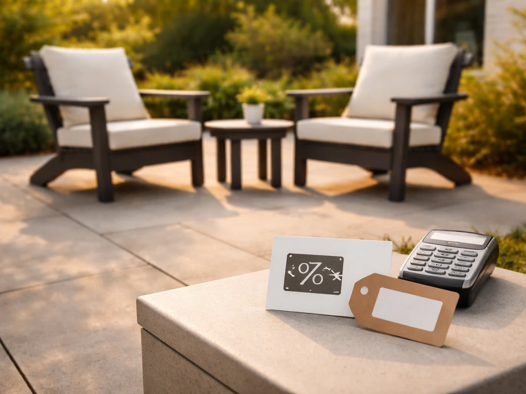 Premium poly patio set on a patio with a visible coupon card and price tag near a checkout-style checkout terminal