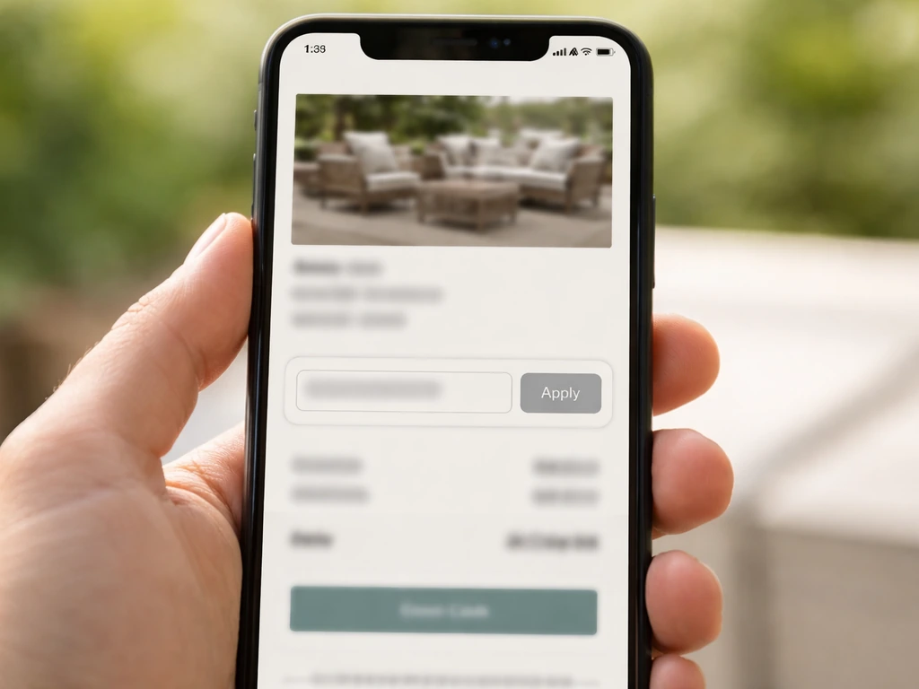 Smartphone view of a checkout page with an active discount code box beside a product price, no readable text