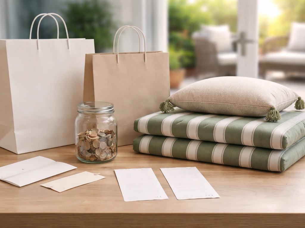 Sunlit patio checkout setup with patio items and empty receipts suggesting reduced total without a promo code