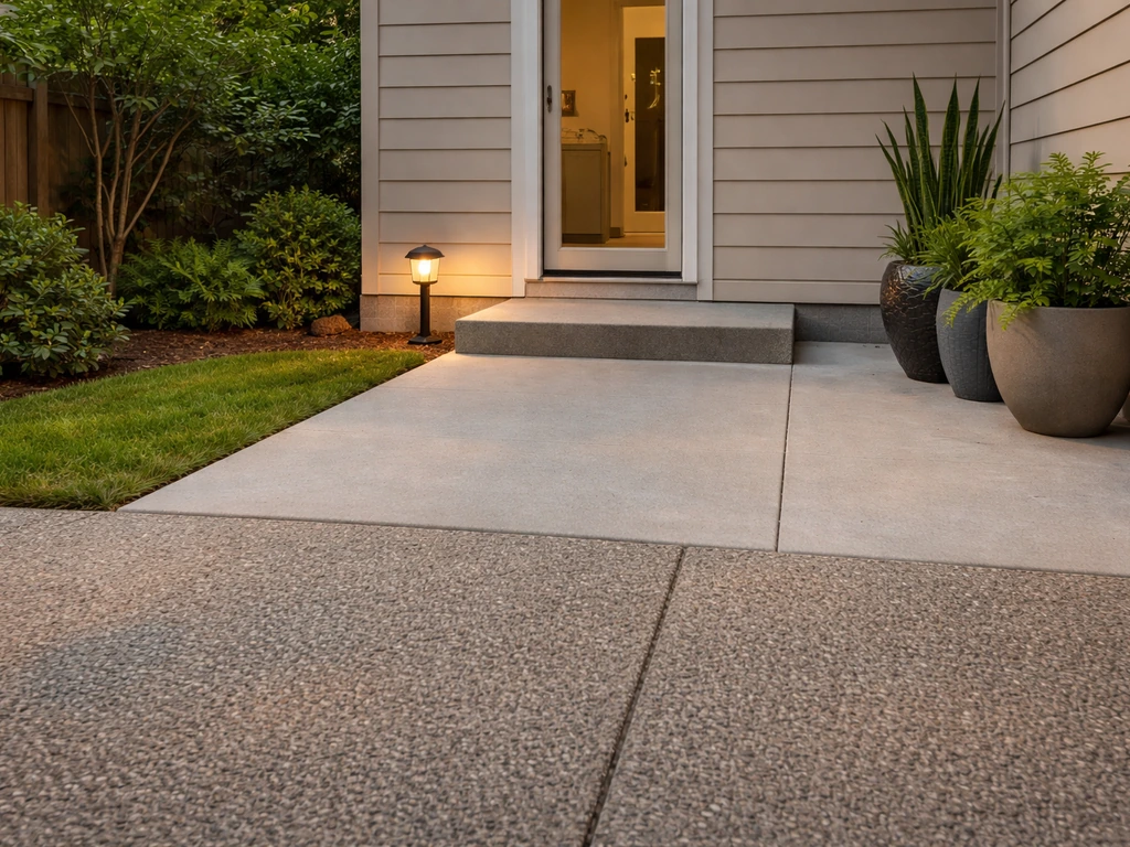 Sunlit patio with non-slip pavers, a clear step edge, and safe path lighting with no hazards present.