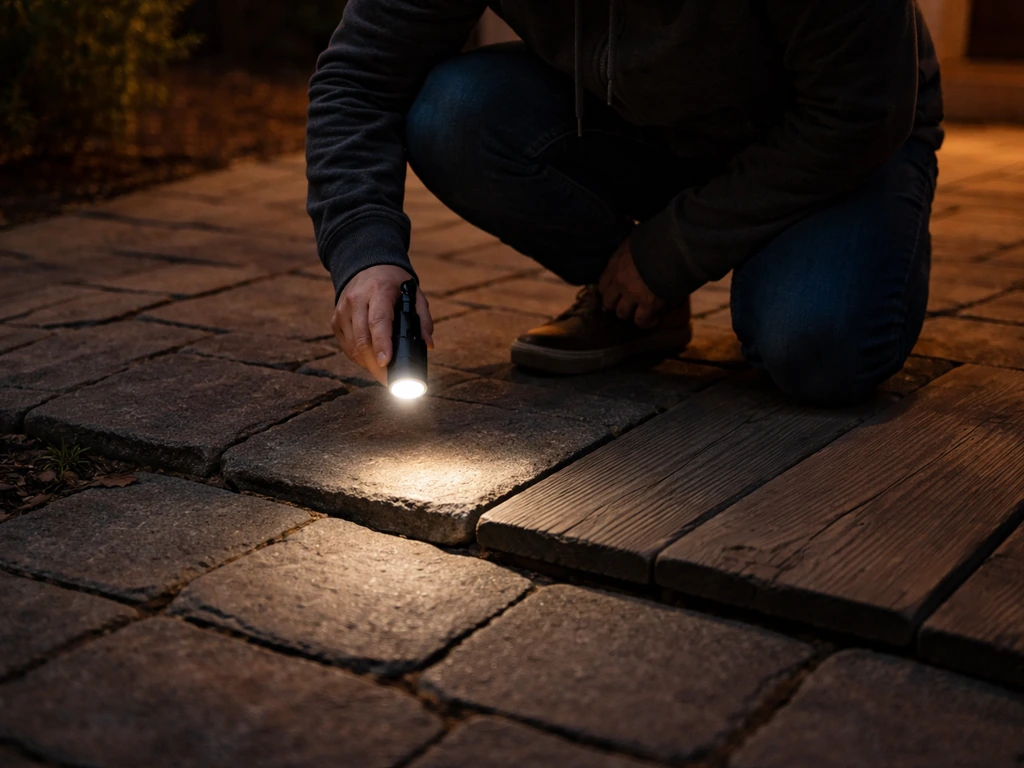 Homeowner crouches on a nighttime patio, flashlight on uneven pavers and warped deck boards.