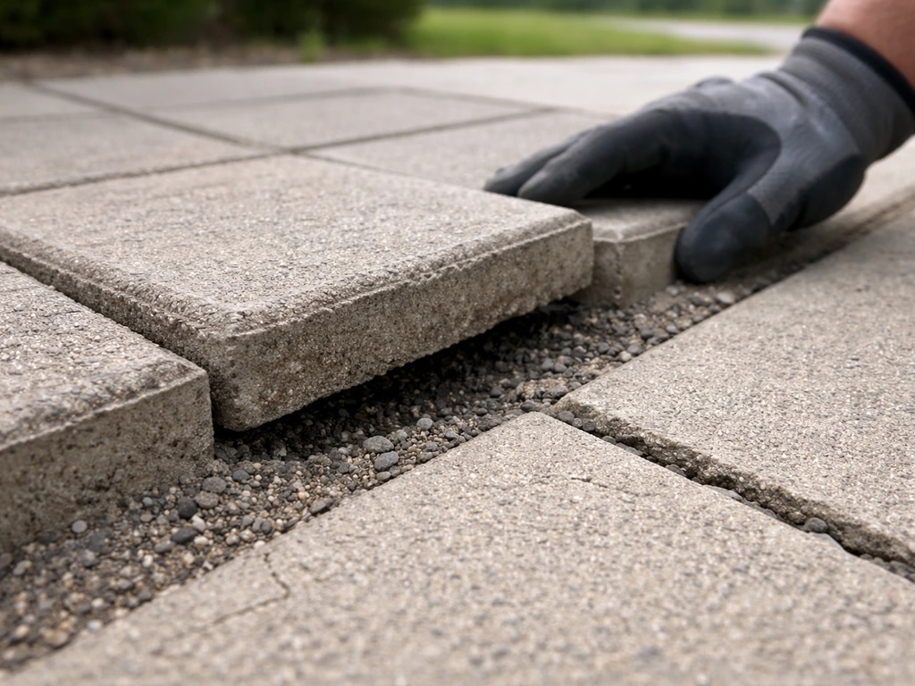 Close-up of a lifted concrete paver section with cracked edge exposed and ready for re-leveling
