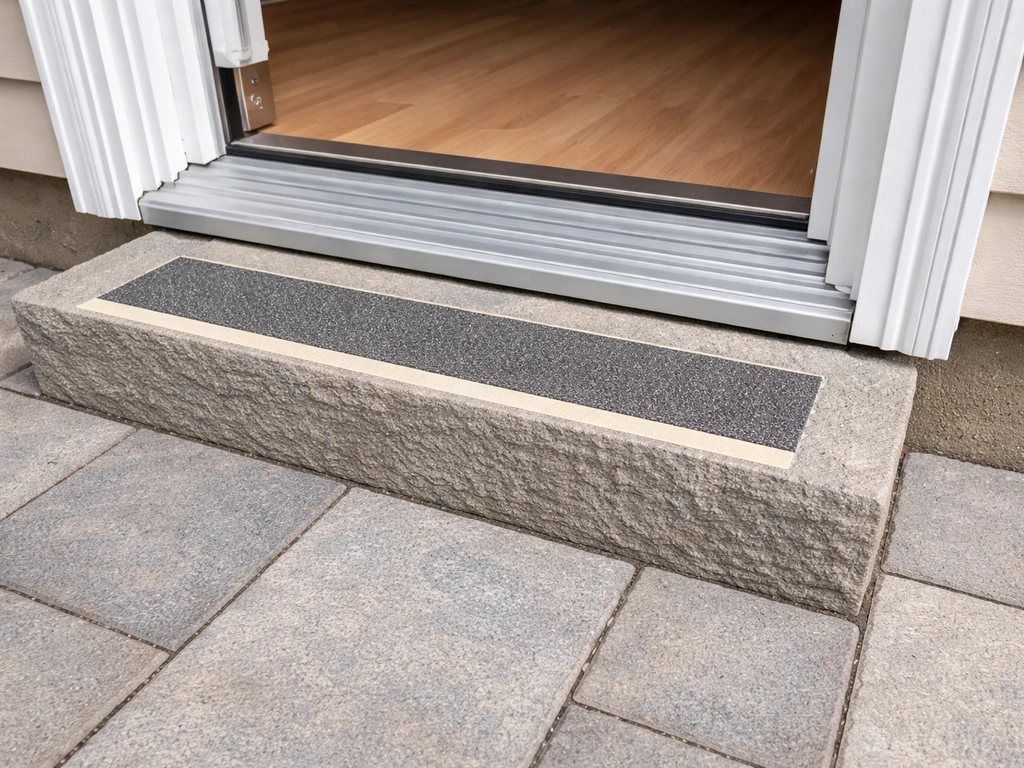 Close-up of a back door threshold step down to a patio with non-slip tread and marked step edge.